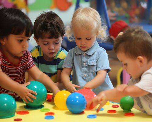 Preschool children playing with cubes. Generative AI illustration.